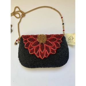 Mary Frances Crimson Bloom Black Crimson Crossbody Handbag New
